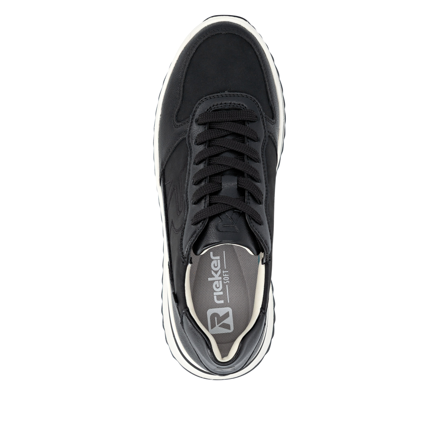 Schwarze Rieker Damen Sneaker Low W3800-00 aus Glattleder mit einer Schnürung. Schuh von oben.