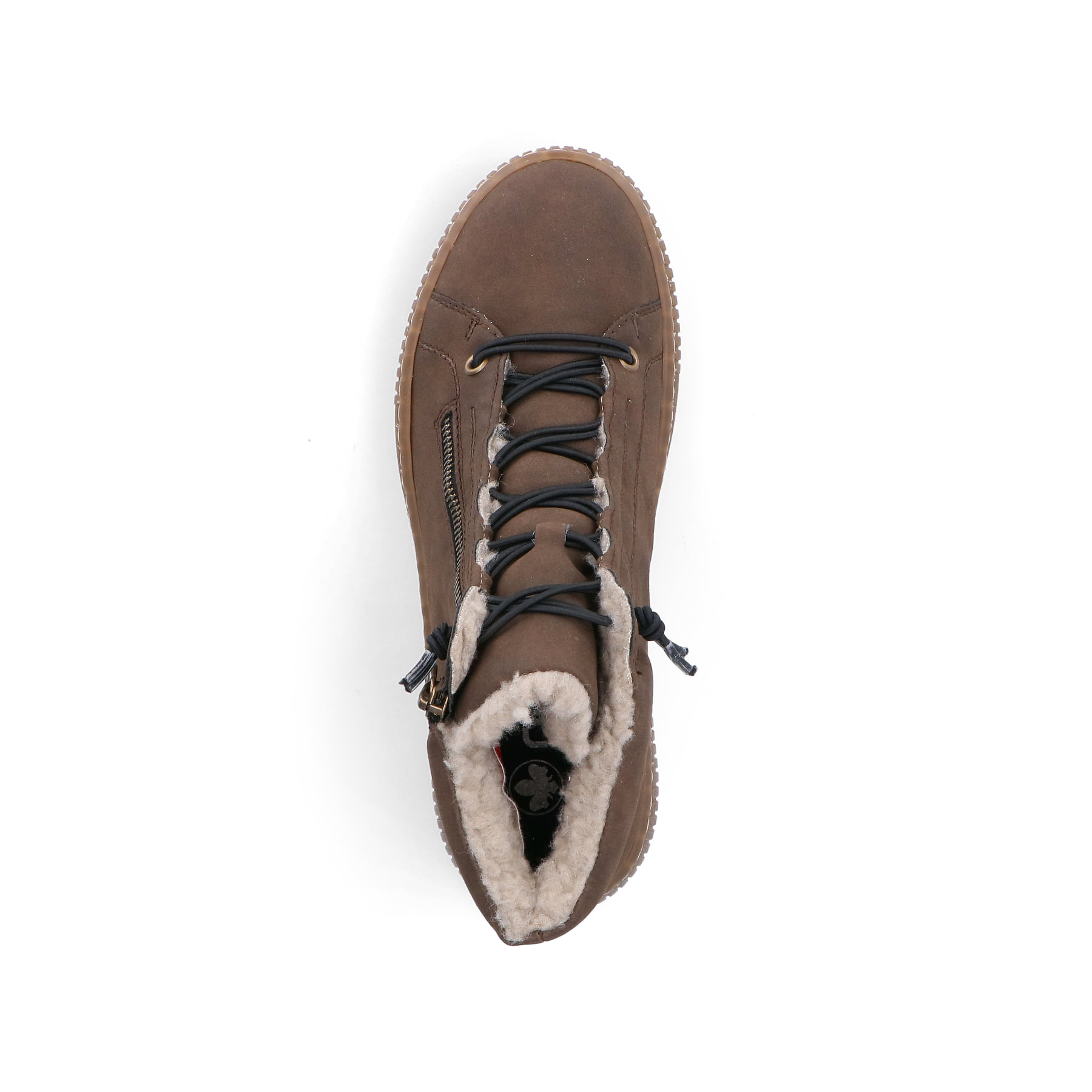 Dunkelbraune Rieker Damen Kurzstiefel Z6660-25 mit einem Reißverschluss. Schuh von oben.