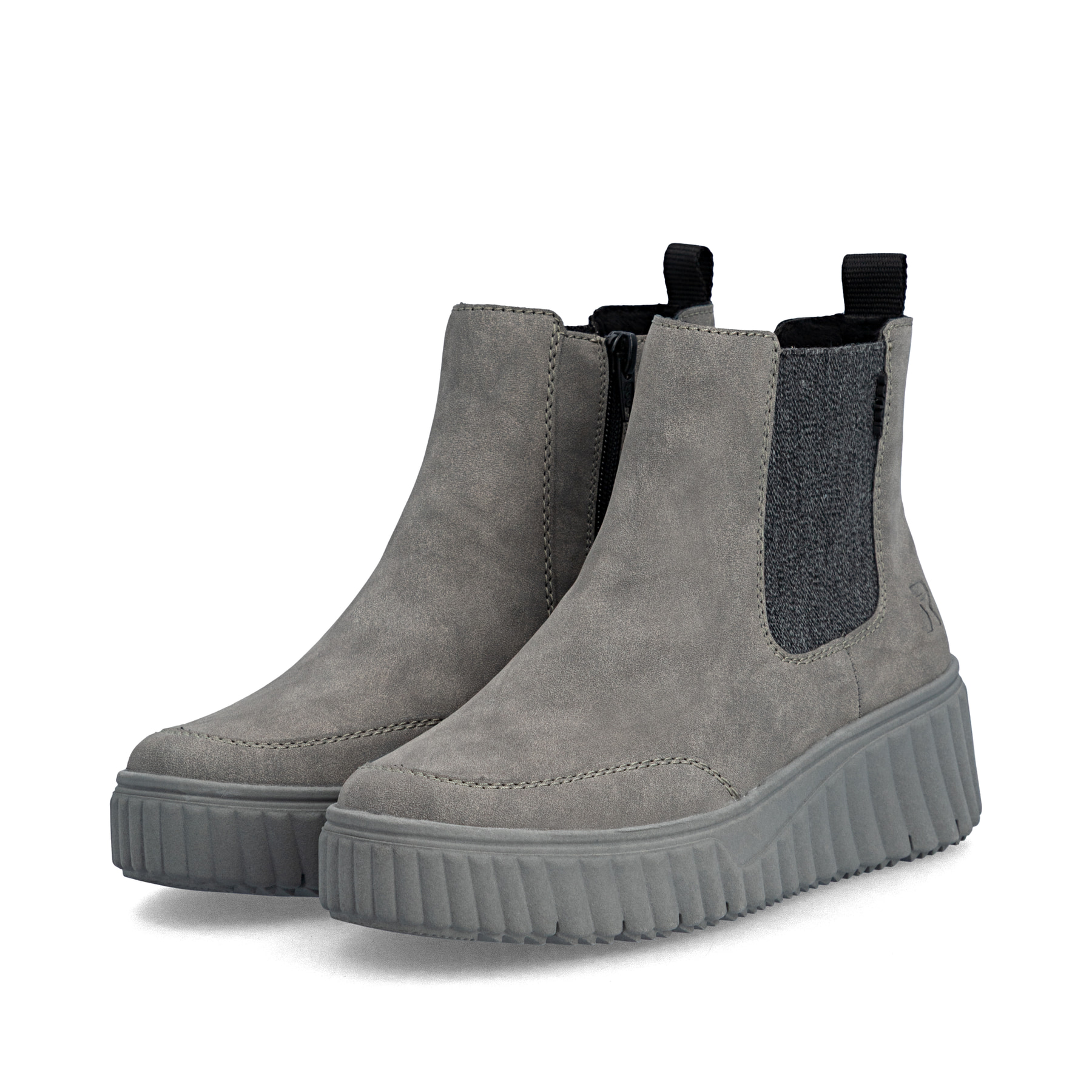 Dunkelgraue Rieker Damen Chelsea Boots N2553-40 mit einem Reißverschluss. Schuhpaar seitlich schräg.