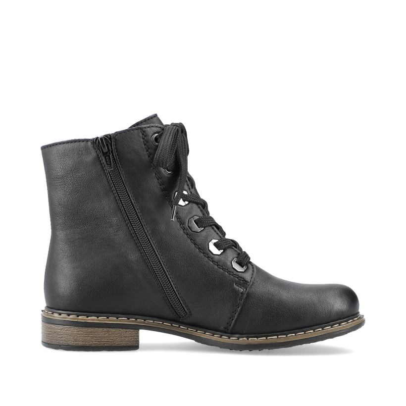 Schwarze Rieker Damen Biker Boots 71208-00 mit dekorativem Zipper. Schuh Innenseite.