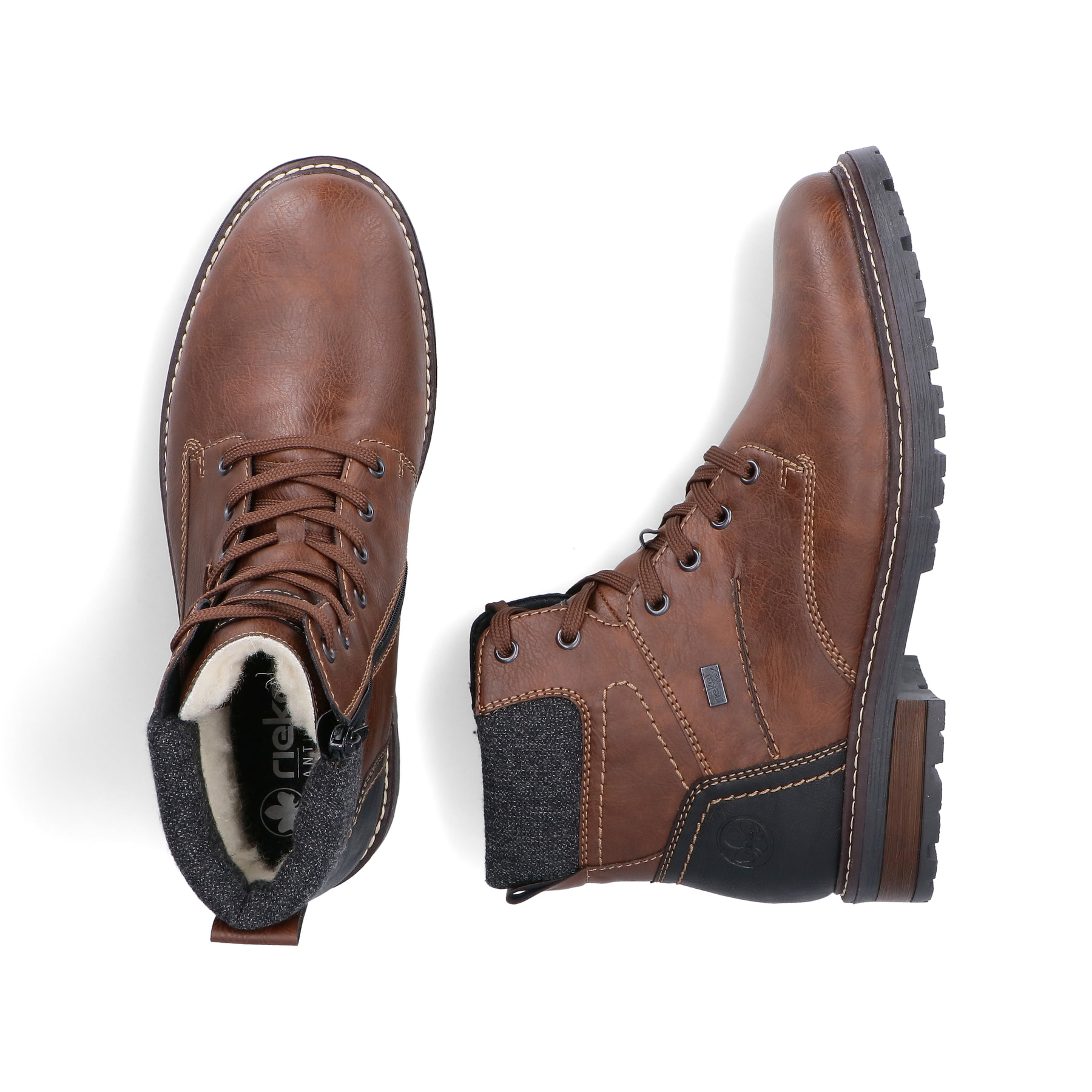 Braune Rieker Herren Schnürstiefel 32031-25 mit wasserabweisender TEX-Membran. Schuh von oben, liegend.