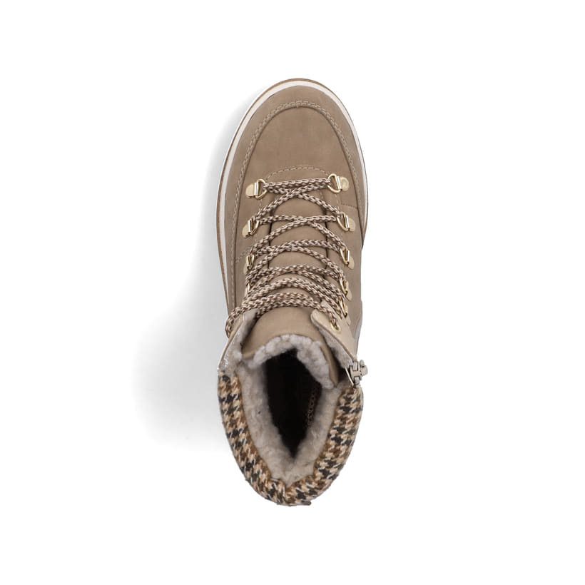 Beige Rieker Damen Schnürstiefel Y6210-64 mit wasserabweisender TEX-Membran. Schuh von oben.