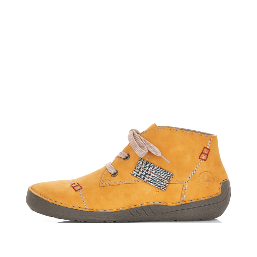 Honiggelbe Rieker Damen Schnürstiefel 52543-69 mit einer Schnürung. Schuh Außenseite.