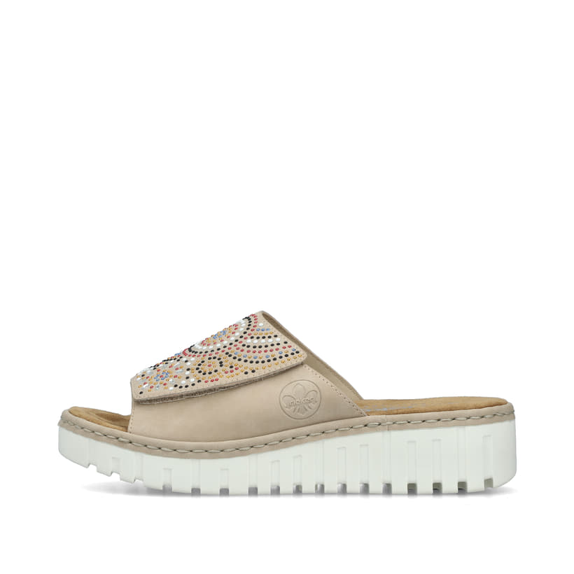 Beige Rieker Damen Pantoletten V1395-62 mit einem Klettverschluss. Schuh Außenseite.