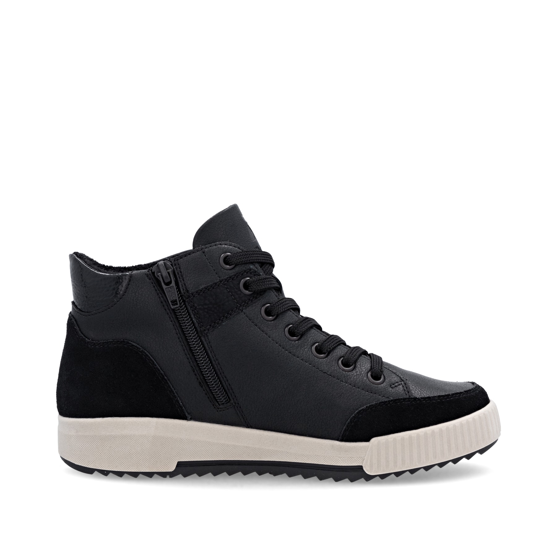 Schwarze Rieker Damen Sneaker High W0171-00 aus Glattleder mit Reißverschluss. Schuh von hinten.