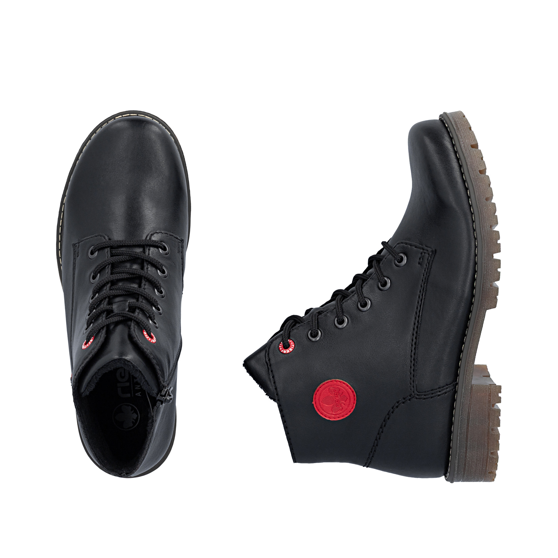 Bottes à lacets Rieker noires pour femmes 79522-00 avec auffälligem Logo. Chaussure vue de dessus, couchée.