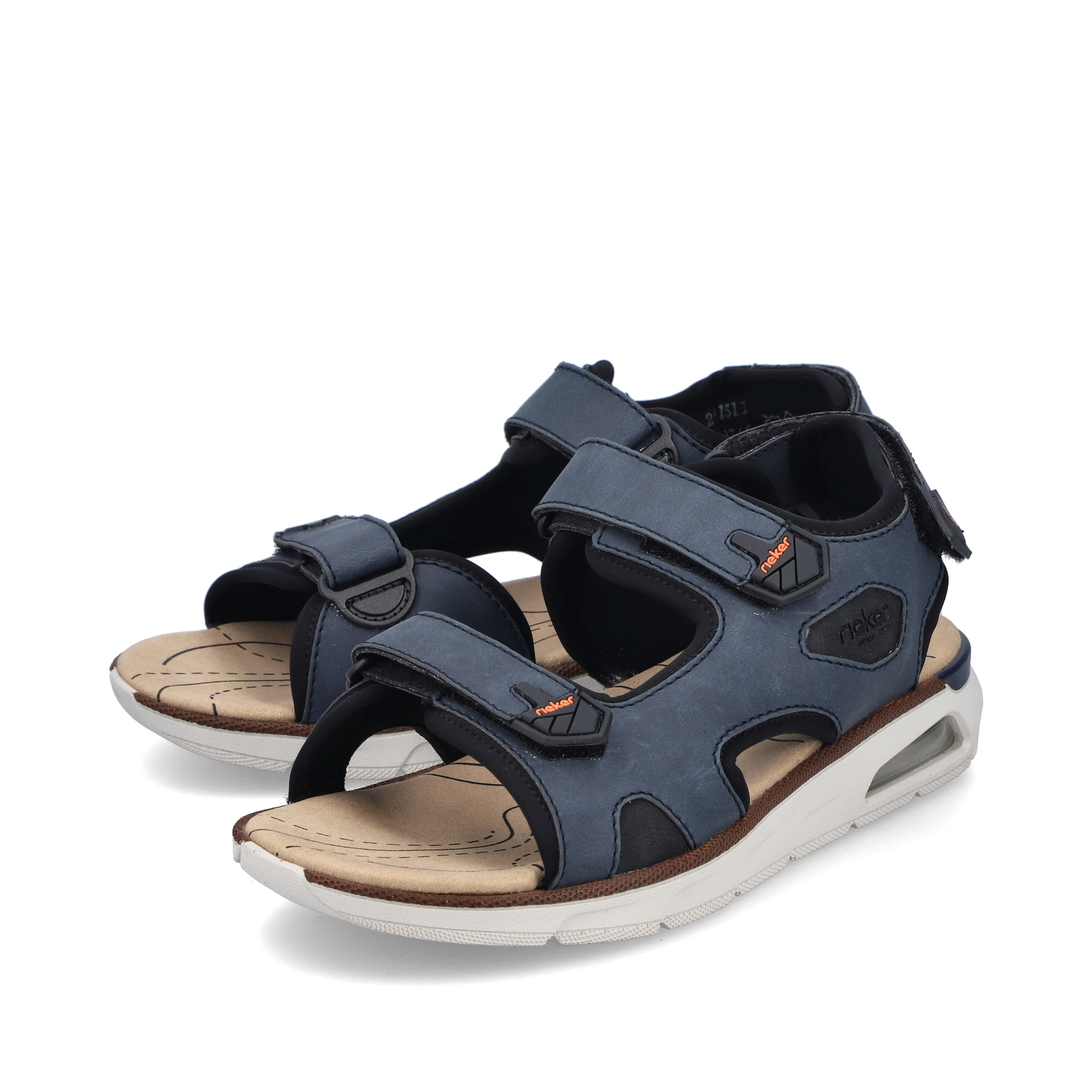 Blaue Rieker Herren Trekkingsandalen 29151-14 mit Rieker Air Sohlenfenster. Schuhpaar seitlich schräg.