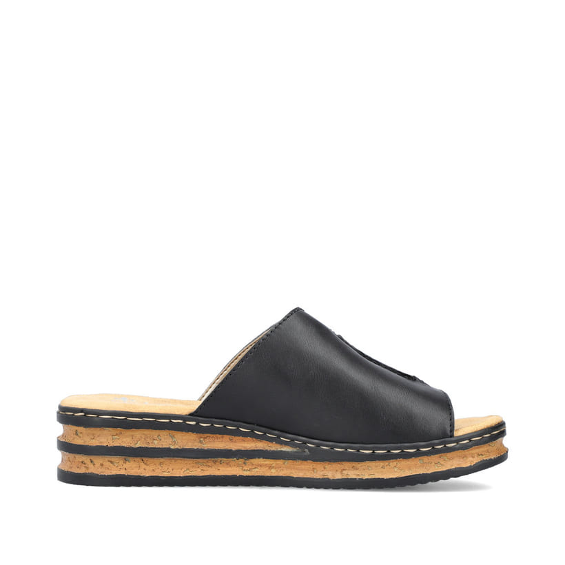 Schwarze Rieker Damen Pantoletten 629M9-00 mit moderner Spannnaht. Schuh Innenseite.