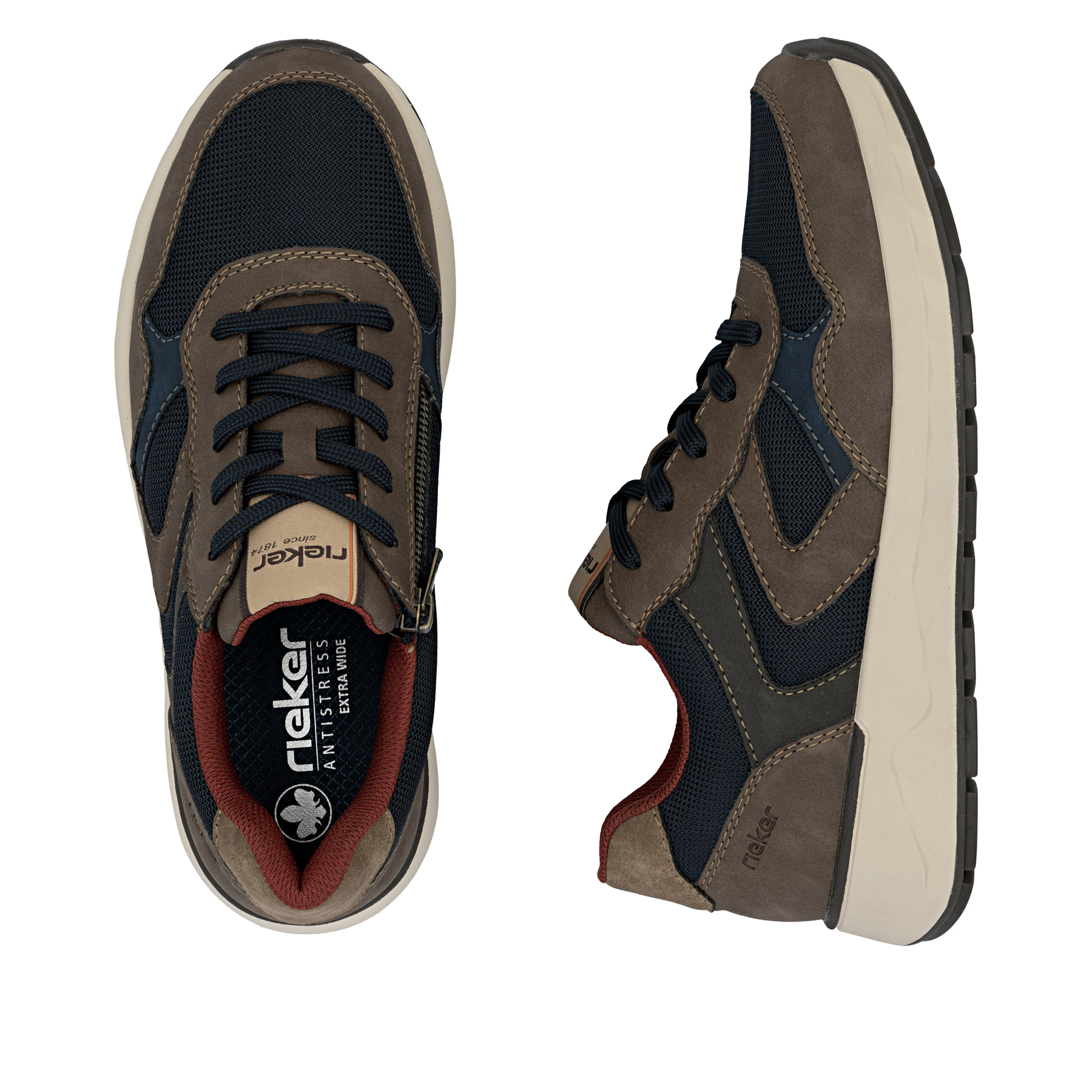 Blaue Rieker Herren Sneaker Low 11501-14 mit Reißverschluss sowie Extraweite H. Schuh von oben, liegend.