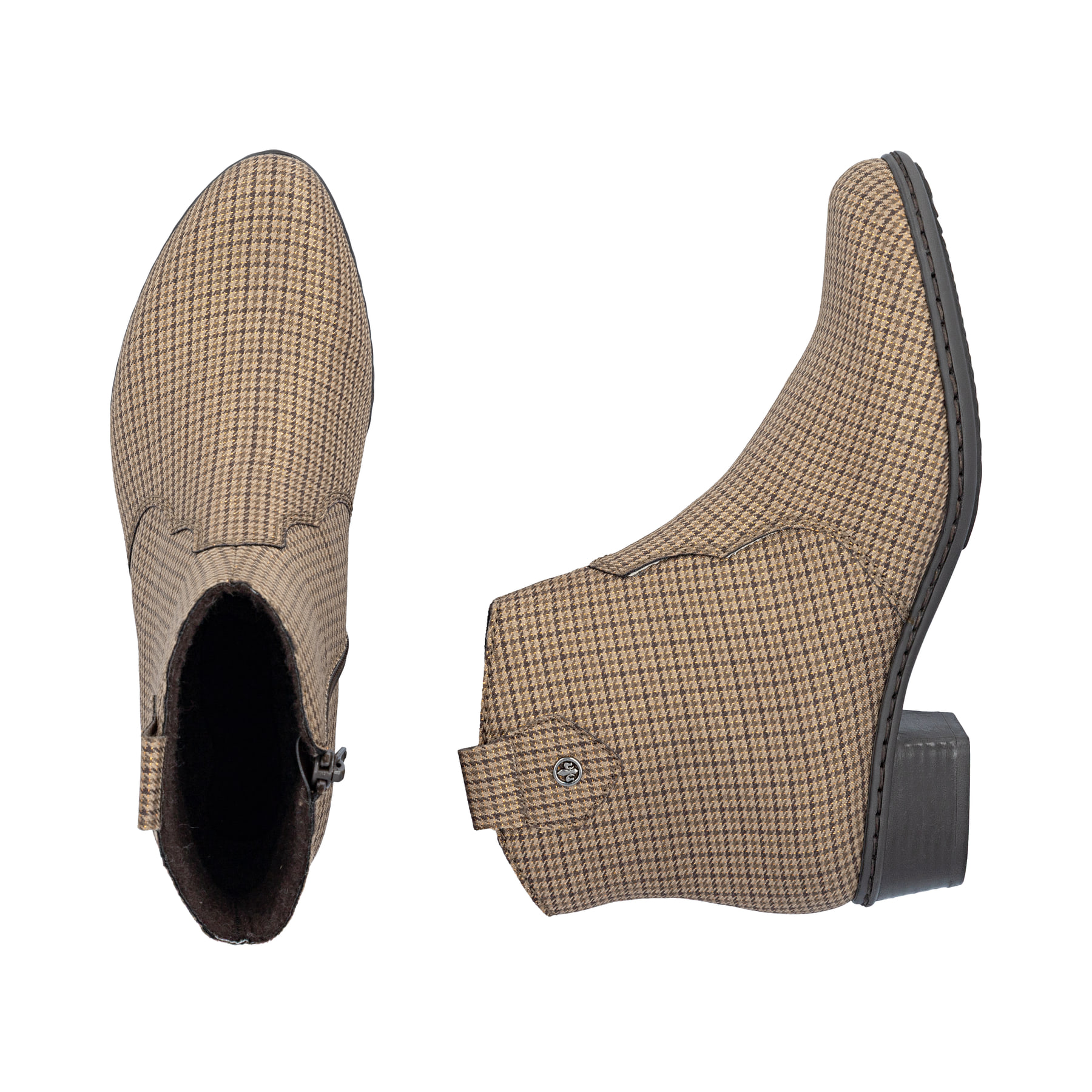 Beige Rieker Damen Stiefeletten Y0762-64 mit einem Reißverschluss. Schuh von oben, liegend.