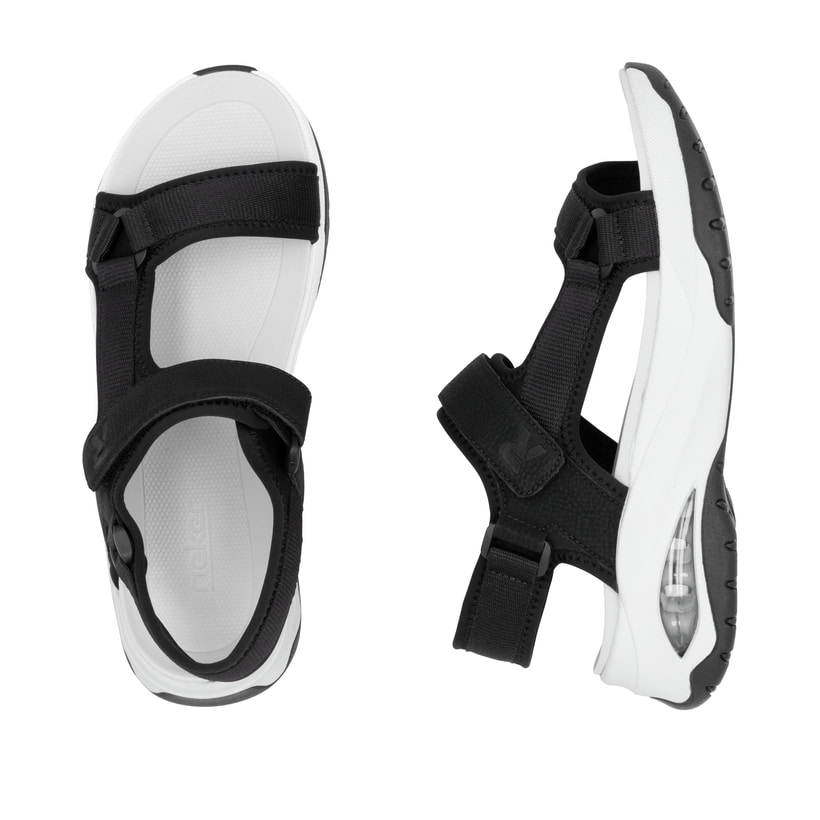Schwarze vegane Rieker Damen Trekkingsandalen W3151-01 mit einem Klettverschluss. Schuh von oben, liegend.