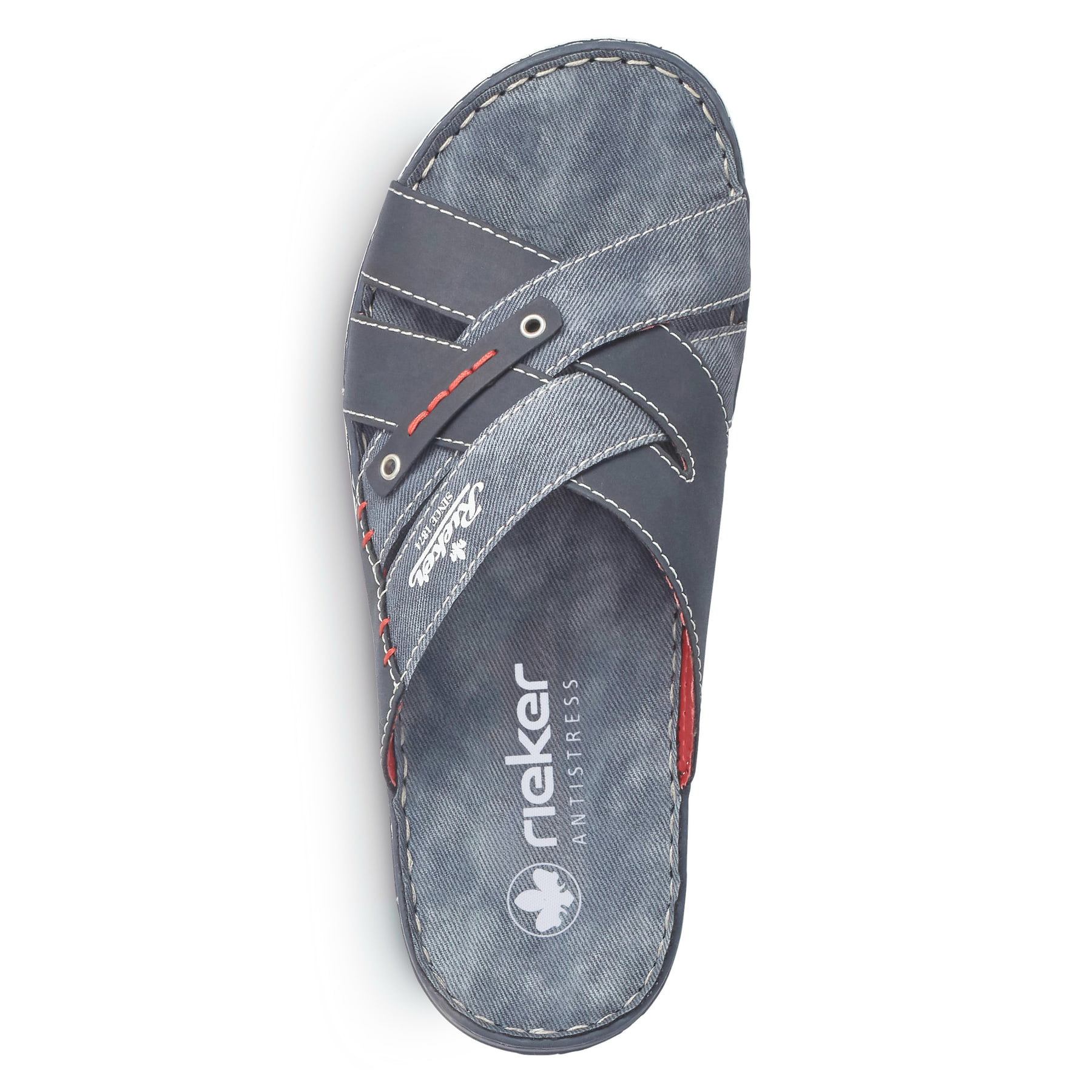 Blaue Rieker Herren Pantoletten 21099-15 mit der Komfortweite G. Schuh von oben.