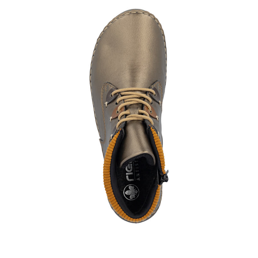 Bronzefarbene Rieker Damen Kurzstiefel 52544-90 mit einem Reißverschluss. Schuh von oben.