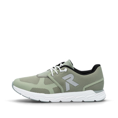 Grüne Rieker Damen Sneaker Low M9000-52 mit Gummischnürung sowie flexibler Sohle. Schuh Außenseite.