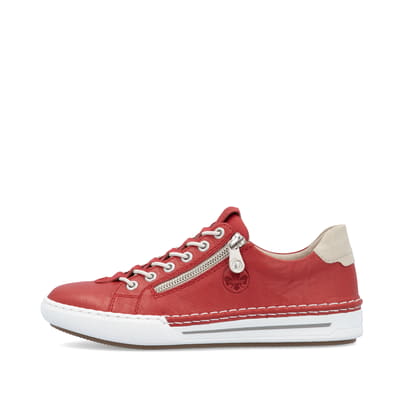 Rote Rieker Damen Slipper L7250-34 mit einem Reißverschluss. Schuh Außenseite.