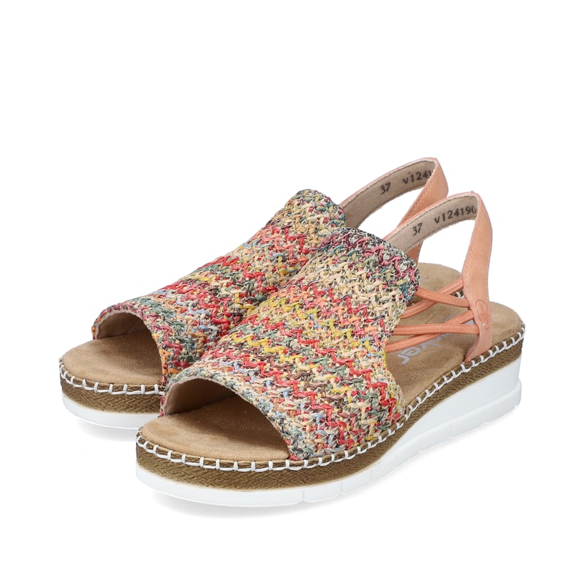 Bunte Rieker Keilsandaletten V1241-90 mit einem Elastikeinsatz. Schuhpaar seitlich schräg.