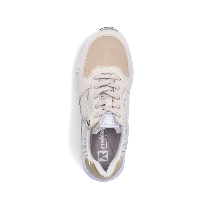 Beige Rieker Damen Sneaker Low 53101-60 mit Reißverschluss sowie Extraweite H. Schuh von oben.