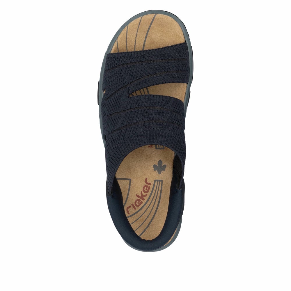 Blaue vegane Rieker Damen Trekkingsandalen 68895-14 mit Ready2GO Slip-in Feature. Schuh von oben.