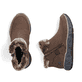 Braune Rieker Damen Kurzstiefel M6560-25 mit Fellkragen sowie Reißverschluss. Schuh von oben, liegend.