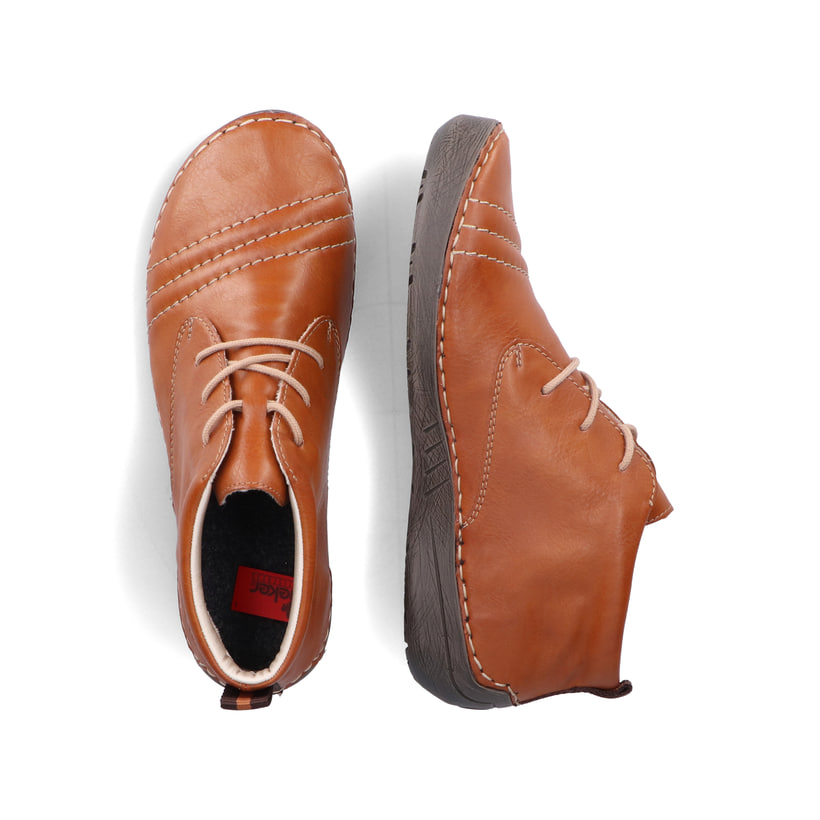Hellbraune Rieker Damen Schnürschuhe 52532-24 mit einer extra weichen Decksohle. Schuh von oben, liegend.