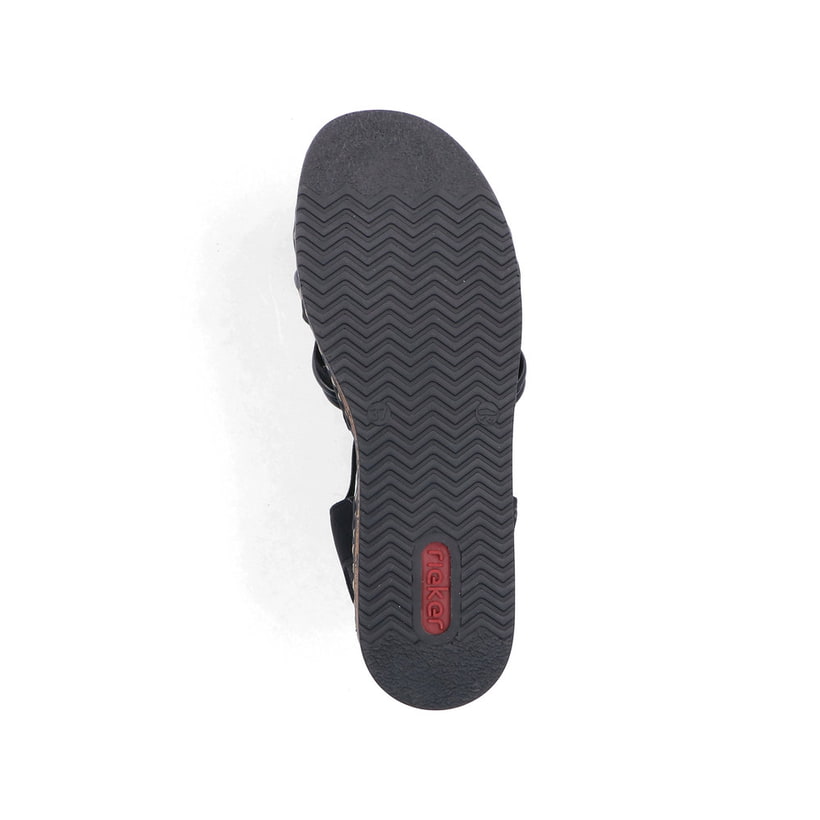 Schwarze Rieker Keilsandaletten 62969-00 mit Gummizug sowie schmaler Passform E. Schuh Laufsohle.