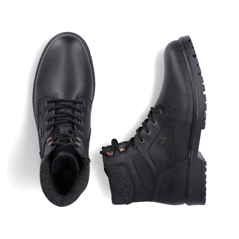 Schwarze Rieker Herren Schnürstiefel F3616-00 aus Glattleder. Schuh von oben, liegend.