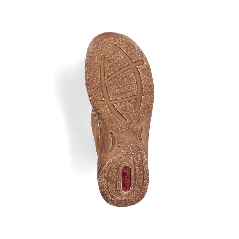 Braune Rieker Damen Pantoletten V2850-24 mit modischen Flechtelementen. Schuh Laufsohle.