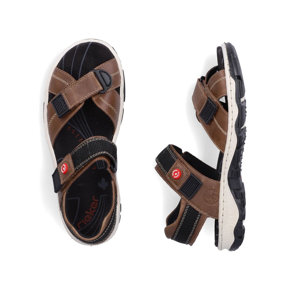 Braune Rieker Damen Trekkingsandalen 68851-22 mit einem Klettverschluss. Schuh von oben, liegend.
