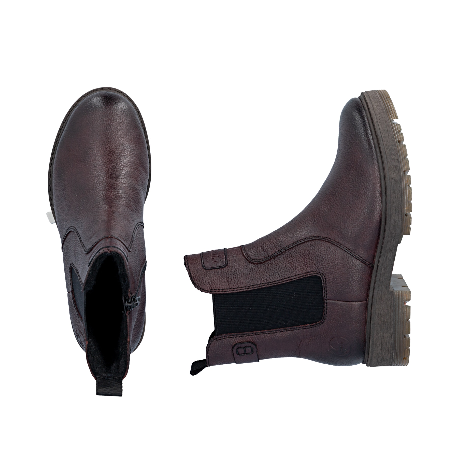Dunkelrote Rieker Damen Chelsea Boots 75860-35 aus Glattleder mit Reißverschluss. Schuh von oben, liegend.