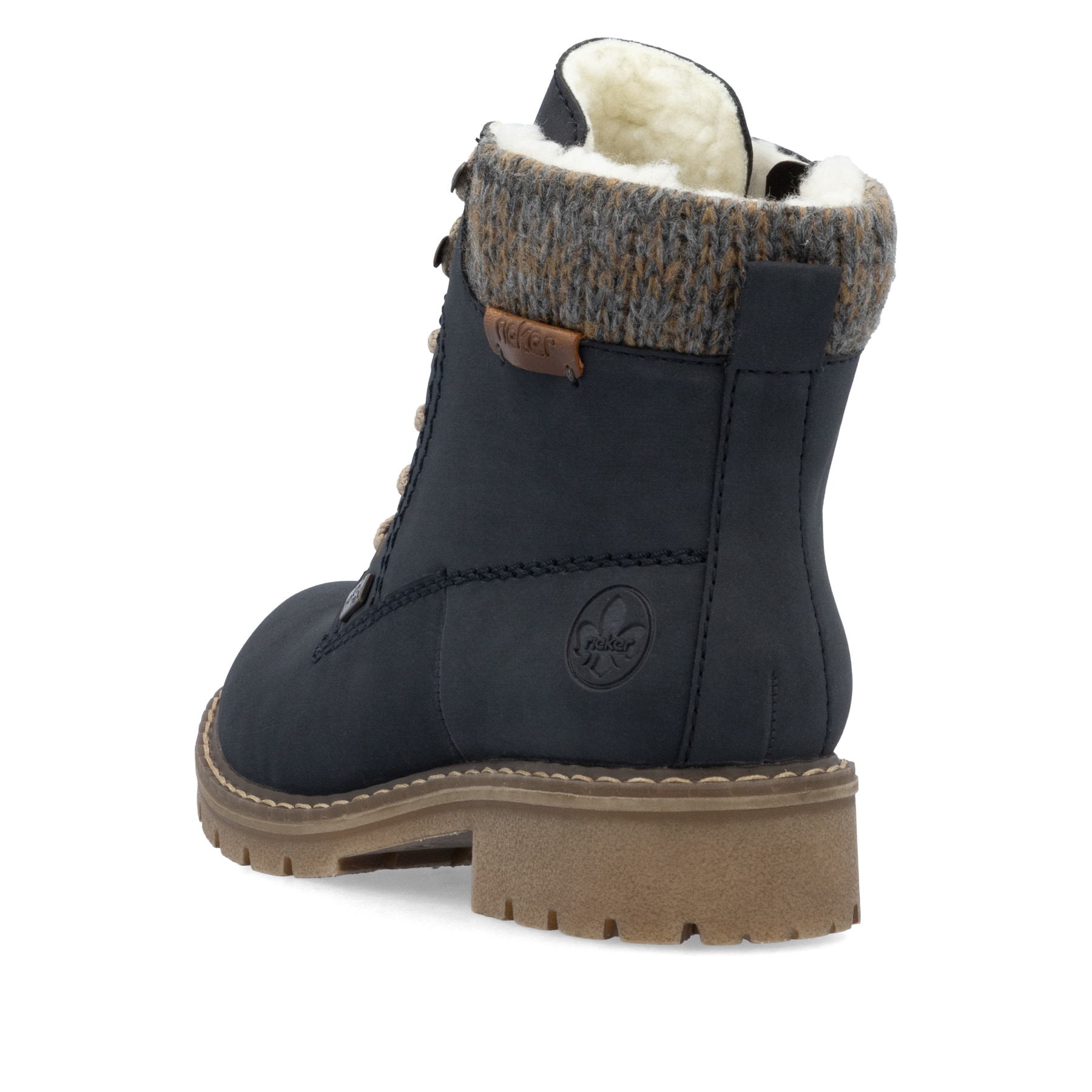 Dunkelblaue Rieker Damen Schnürstiefel Y9118-14 mit Strick-Kragen. Schuh von hinten.