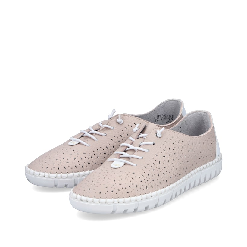 Rosane Rieker Damen Slipper M2356-31, Barfußschuhe mit einem Gummizug. Schuhpaar seitlich schräg.