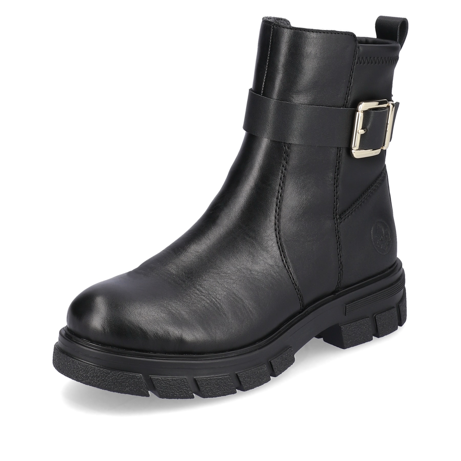 Schwarze Rieker Damen Kurzstiefel Z9174-00 mit Zierschnalle sowie Reißverschluss. Schuh seitlich schräg.