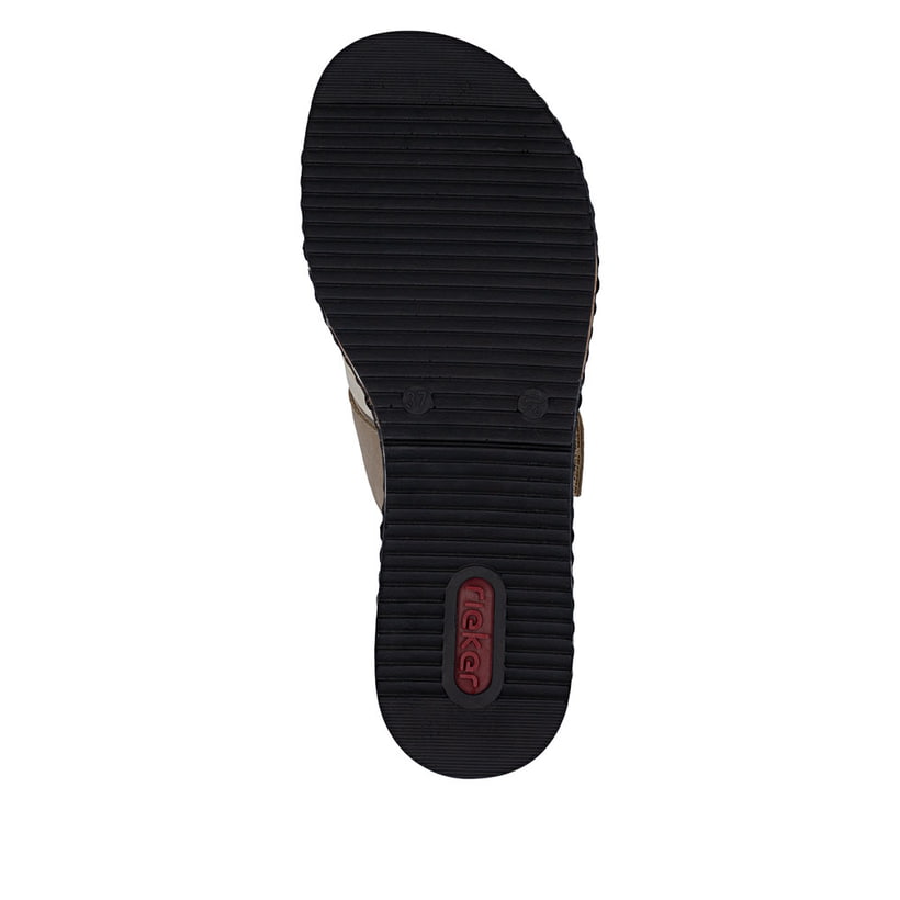 Beige Rieker Damen Pantoletten V3652-62 mit Klettverschluss sowie leichter Sohle. Schuh Laufsohle.