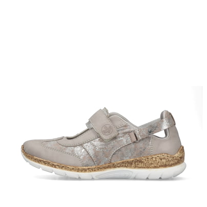 Mehrfarbige Rieker Ballerinas N4258-90 mit einem Klettverschluss. Schuh Außenseite.