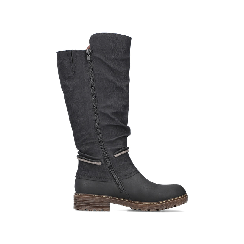 Tiefschwarze Rieker Damen Hochschaftstiefel Z4759-01 mit einer robusten Profilsohle. Schuh Innenseite
