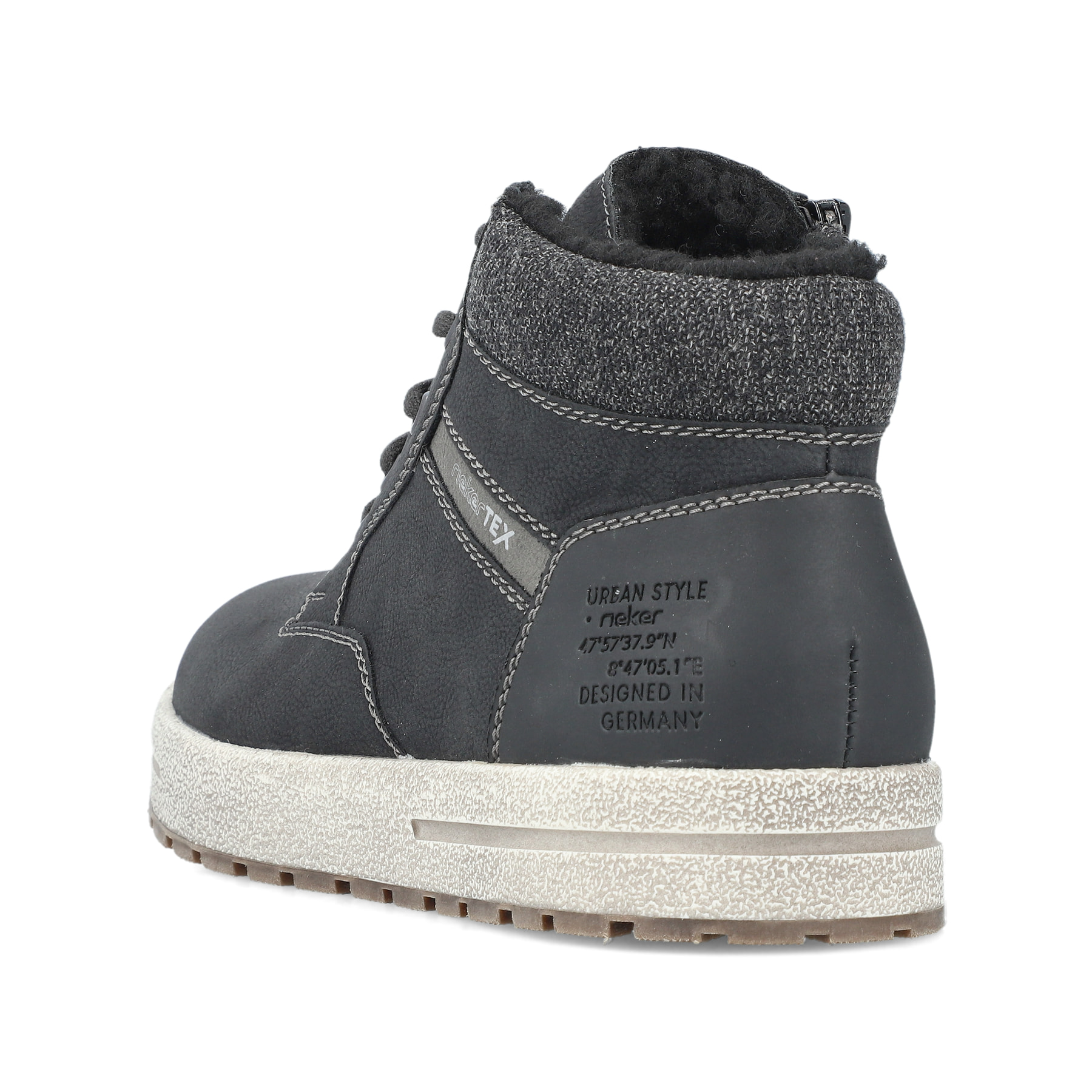 Asphaltschwarze Rieker Herren Schnürschuhe 30741-00 mit Schnürung und Reißverschluss. Schuh von hinten