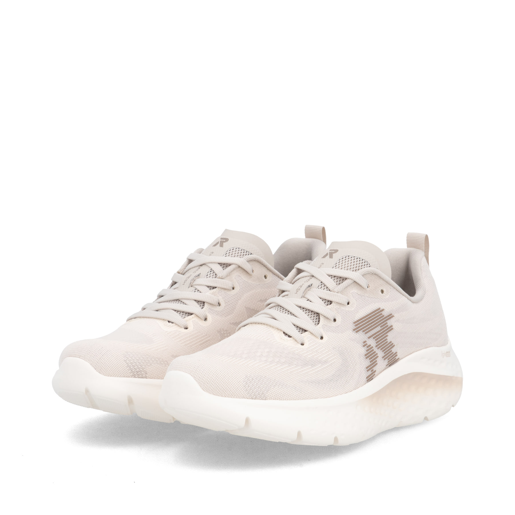 Beige Rieker Sport Damen Sneaker Low W4401-60. Schuhpaar seitlich schräg.