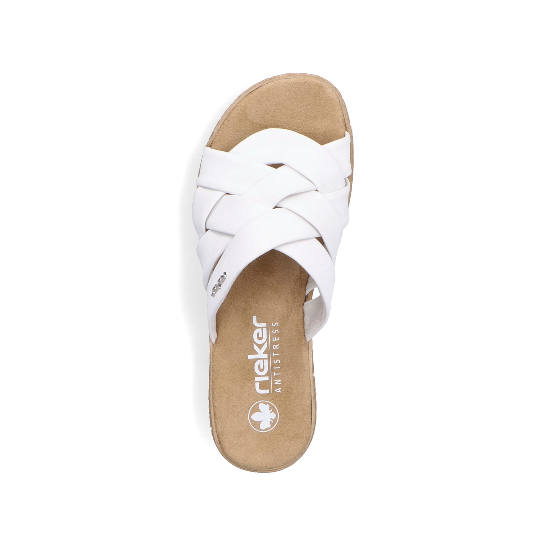 Weiße Rieker Damen Pantoletten V3608-80 mit einer schockabsorbierenden Sohle. Schuh von oben.