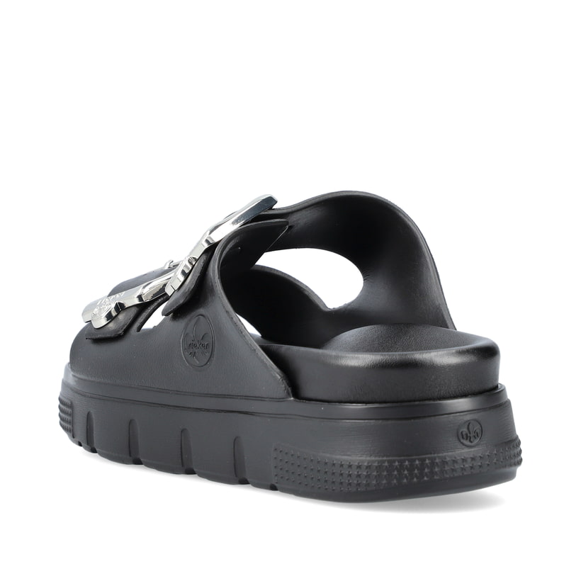 Schwarze Rieker Damen Pantoletten P2180-00 mit Schnallen sowie flexibler Sohle. Schuh von hinten.