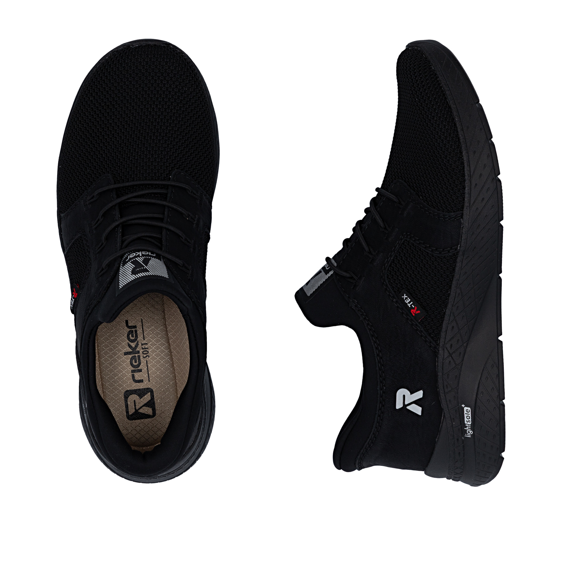 Mocassins Rieker noirs femmes M8550-00 avec membrane RiekerTEX hydrofuge. Chaussure vue de dessus, couchée.