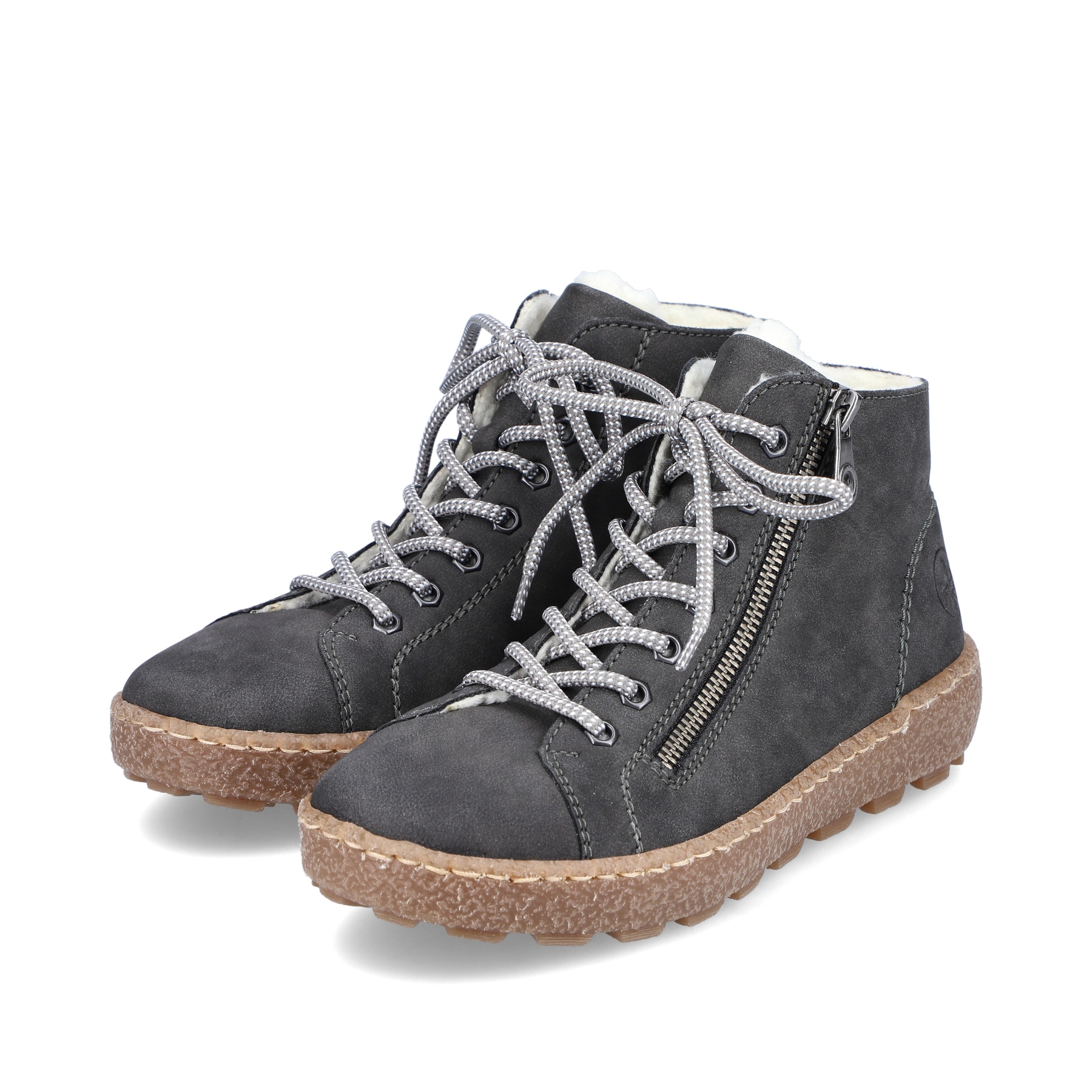 Asphaltgraue Rieker Damen Schnürschuhe N1020-45 mit Schnürung und Reißverschluss. Schuhpaar schräg.