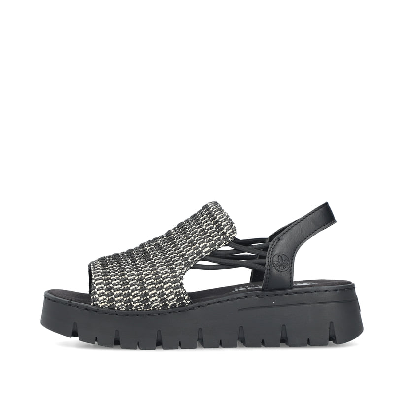 Schwarze Rieker Keilsandaletten V1051-00 mit einem Gummizug. Schuh Außenseite.