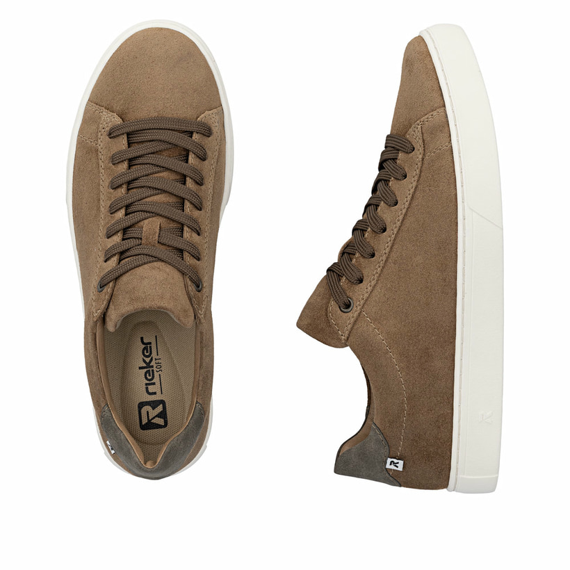 Braune Rieker Herren Sneaker Low U0701-22 aus Rauleder mit einer Schnürung. Schuh von oben, liegend.