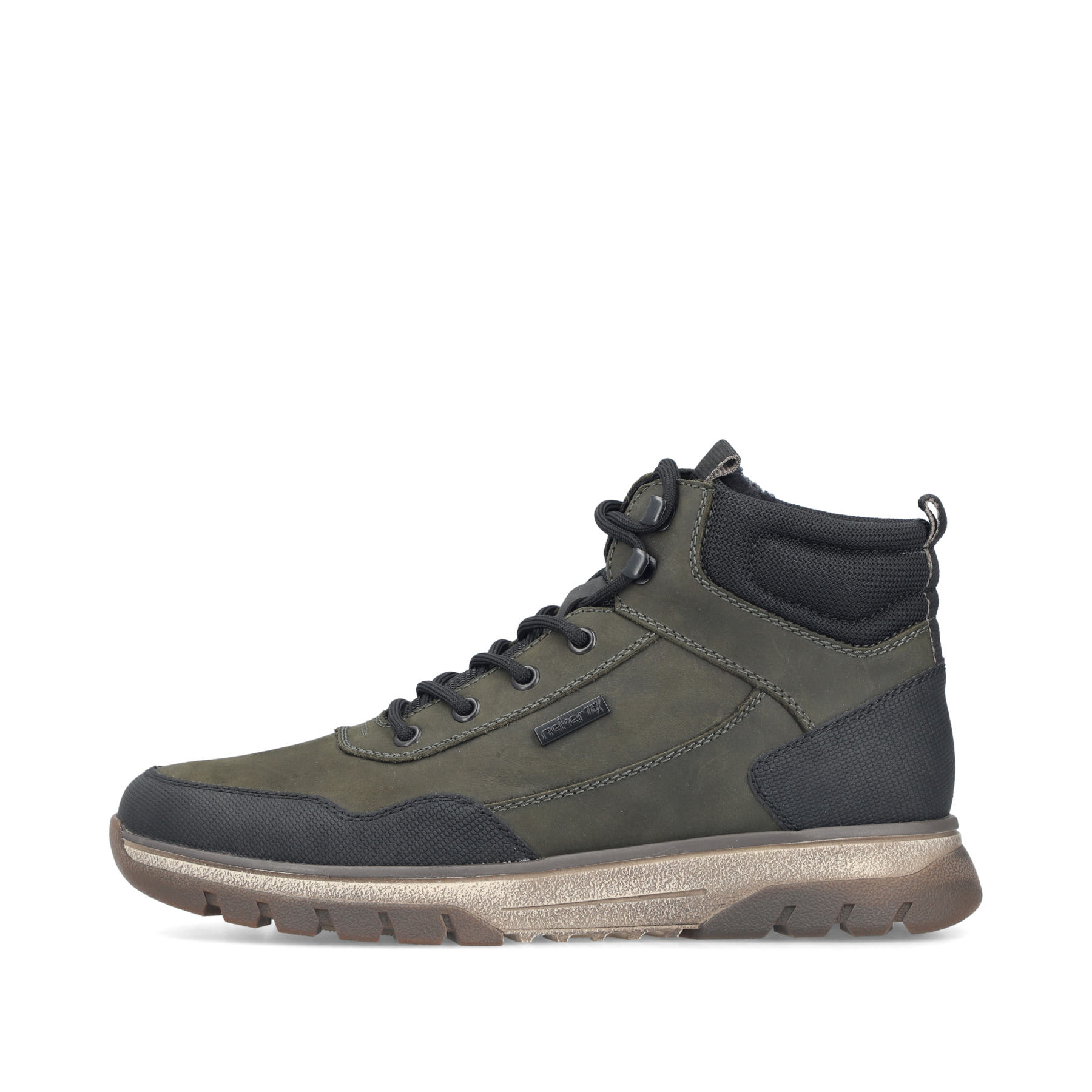 Dunkelgrün-schwarze Rieker Herren Schnürstiefel B9310-54 aus Rauleder. Schuh Außenseite.