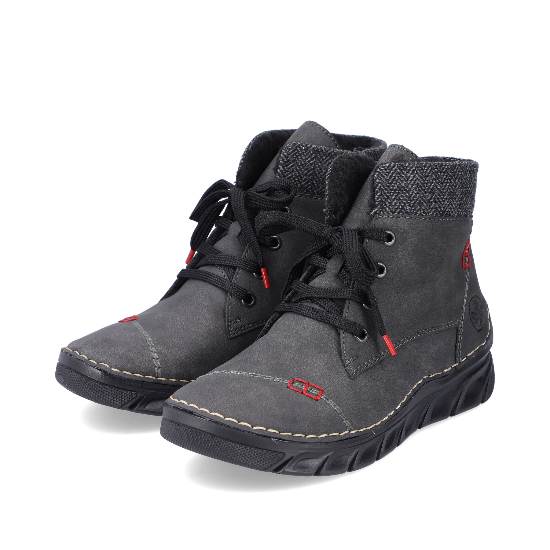 Graue Rieker Damen Schnürstiefel 55031-45 mit einer schockabsorbierenden Sohle. Schuhpaar schräg.