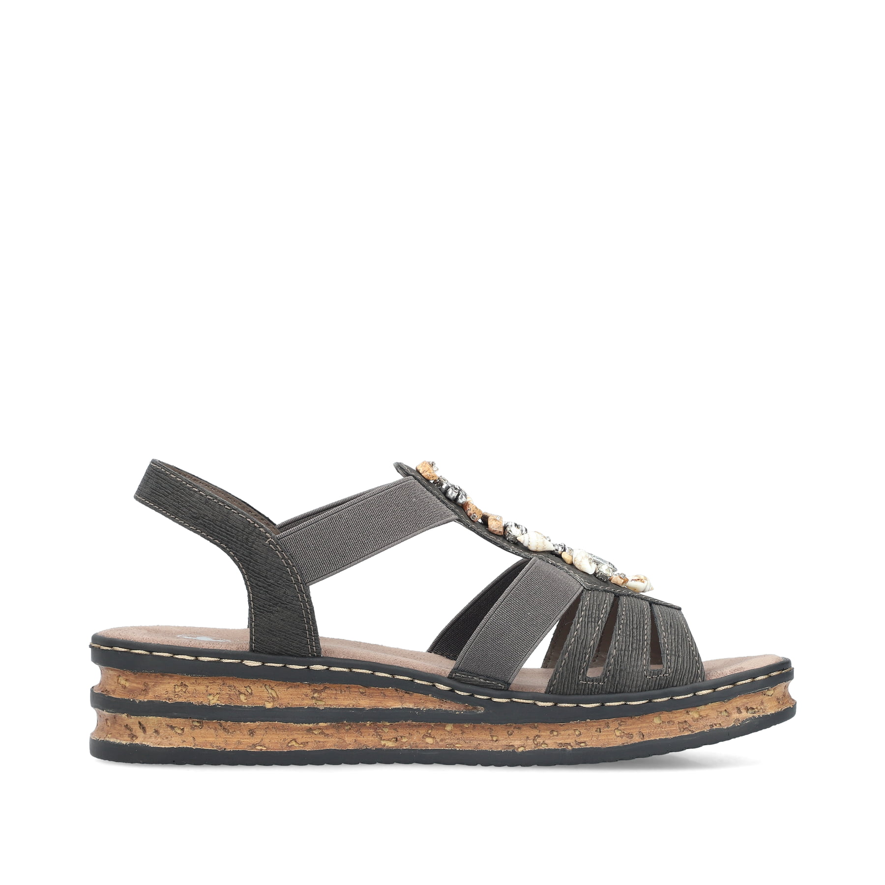 Graue Rieker Keilsandaletten 62949-45 mit Schmuckelementen sowie einem Gummizug. Schuh Innenseite.