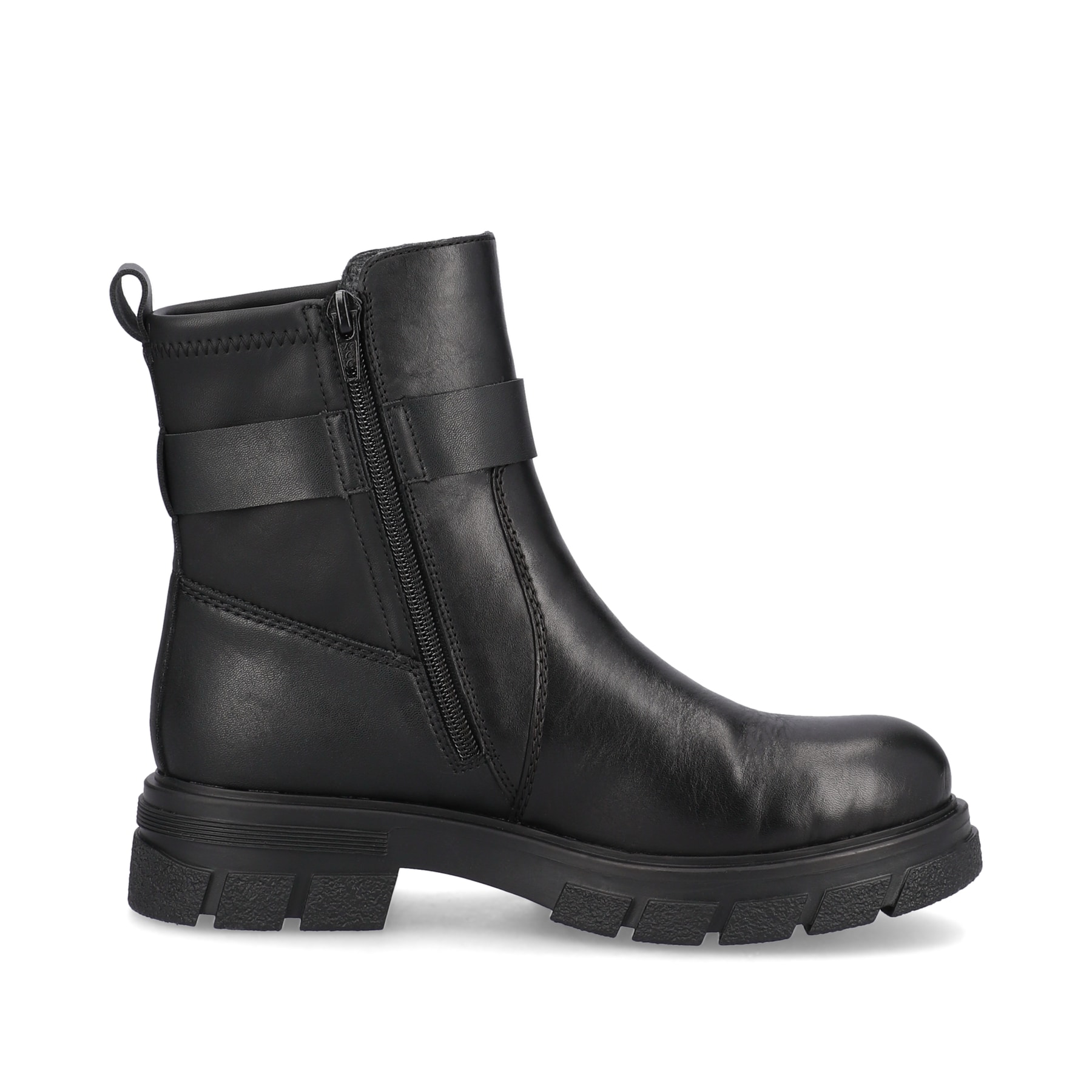 Schwarze Rieker Damen Kurzstiefel Z9174-00 mit Zierschnalle sowie Reißverschluss. Schuh Innenseite.