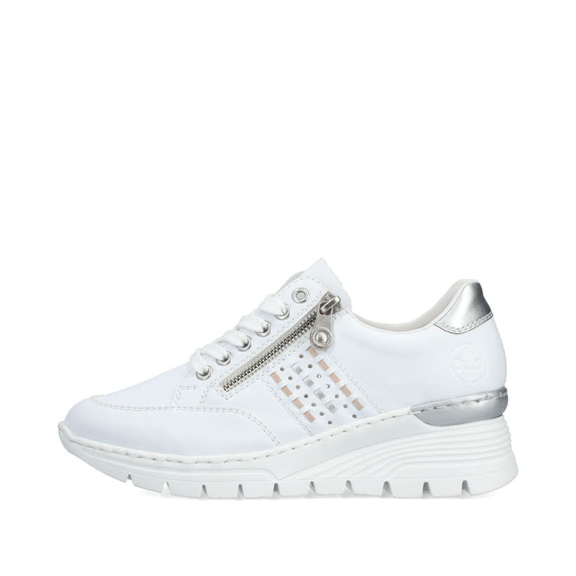 Weiße Rieker Damen Sneaker Low N8321-80 mit Reißverschluss sowie Komfortweite G. Schuh Außenseite.