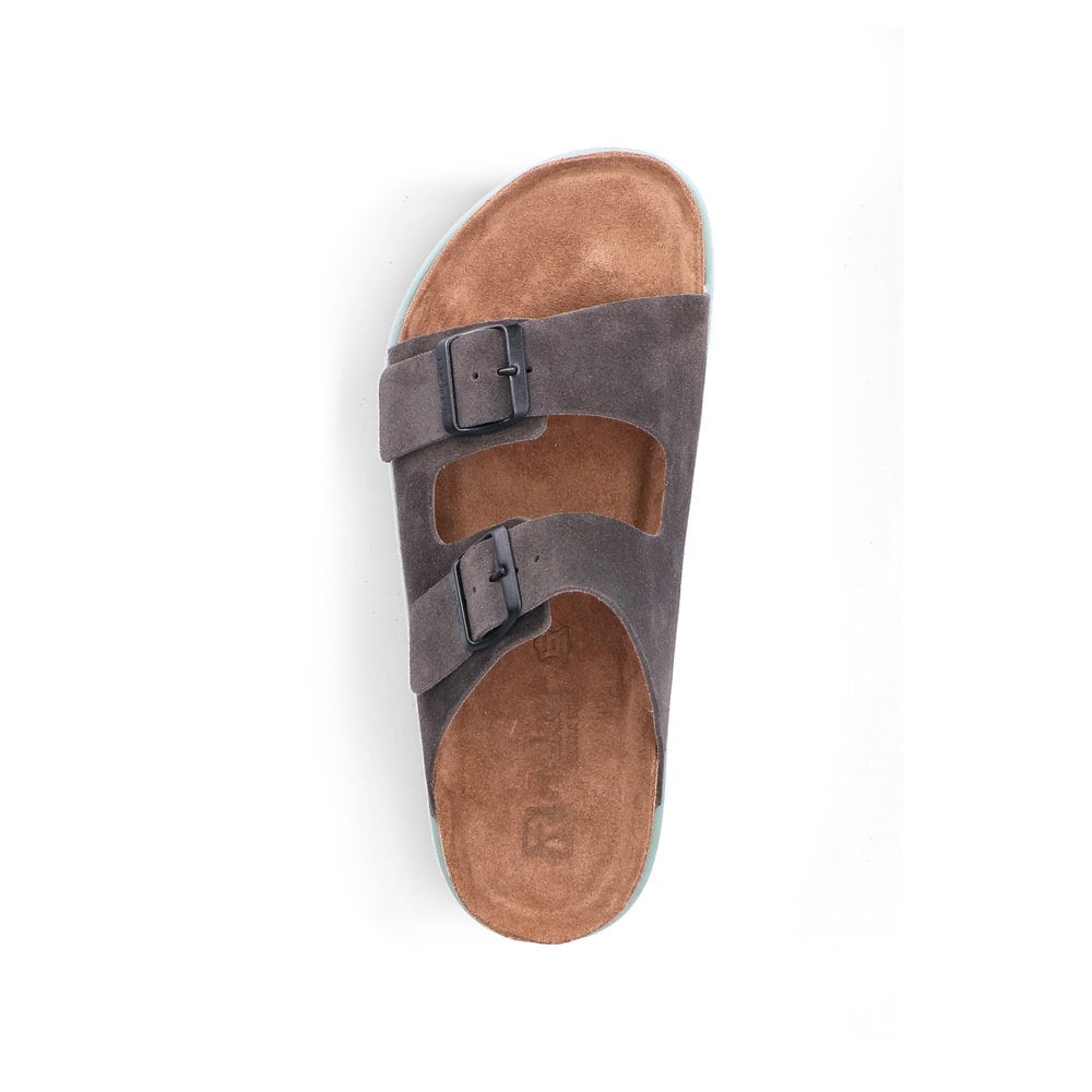 Graue Rieker Herren Pantoletten 21190-45 aus Rauleder mit farbiger Sohle. Schuh von oben.