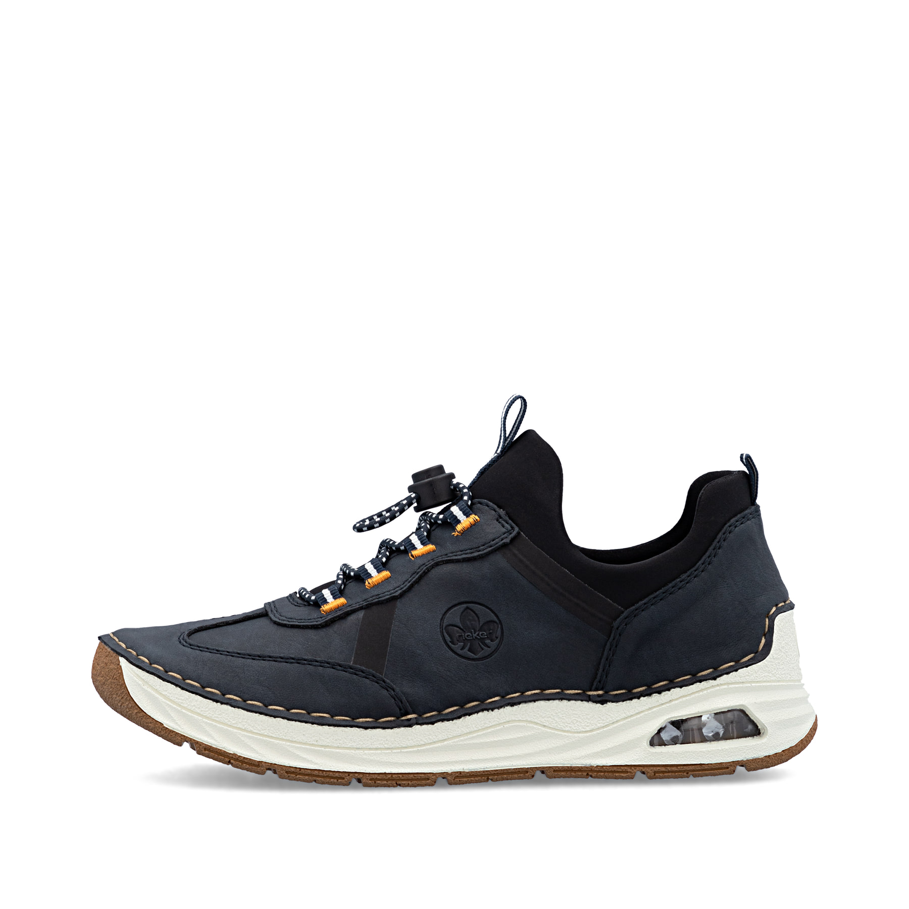 Mocassins Rieker bleus femme 44551-14 avec fenêtre de semelle Rieker Air. Côté extérieur de la chaussure.